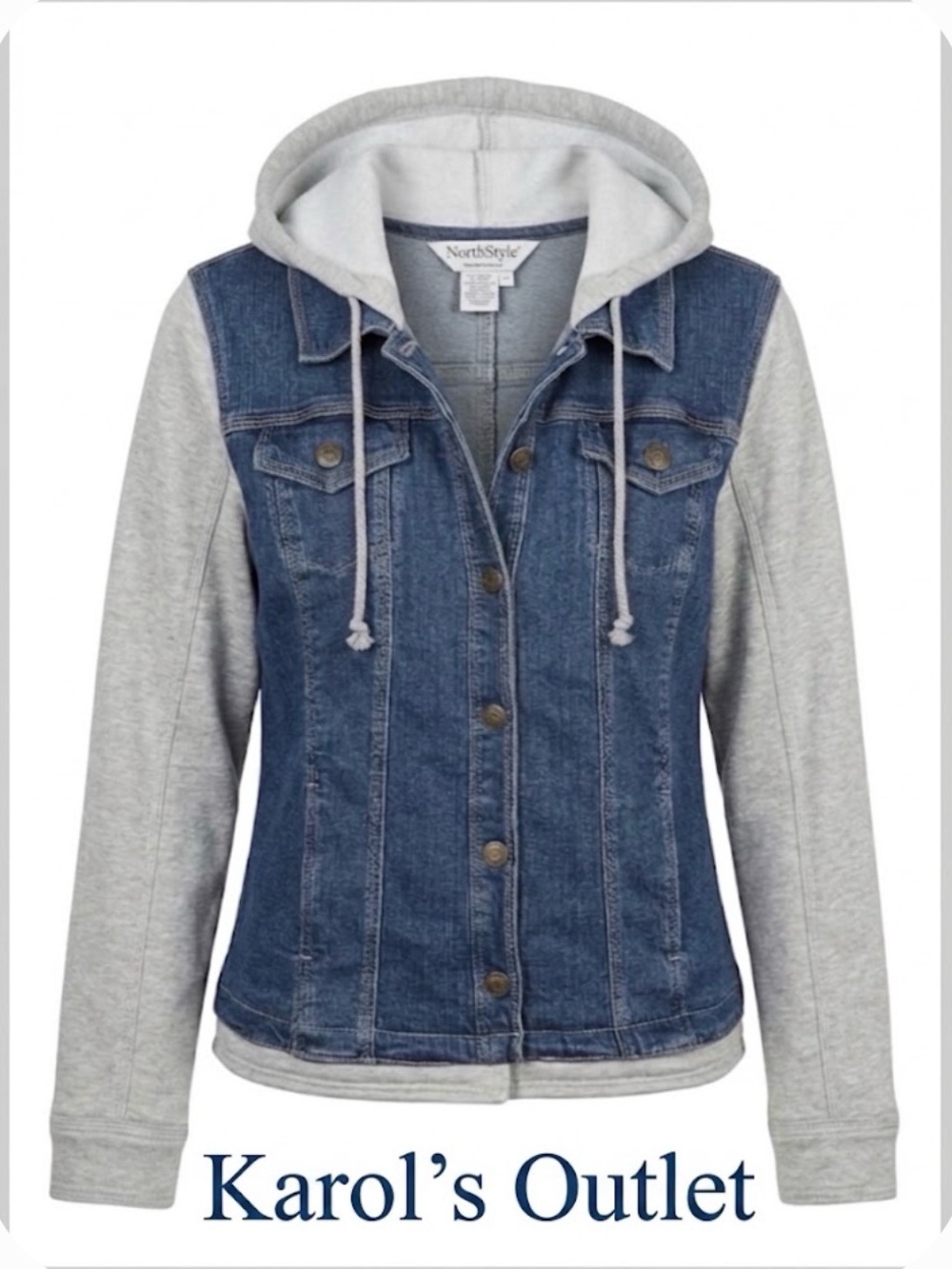 NORTHSTYLE Layered-look Hooded Fleece/ Denim Jacket Women’s M Blue Grey